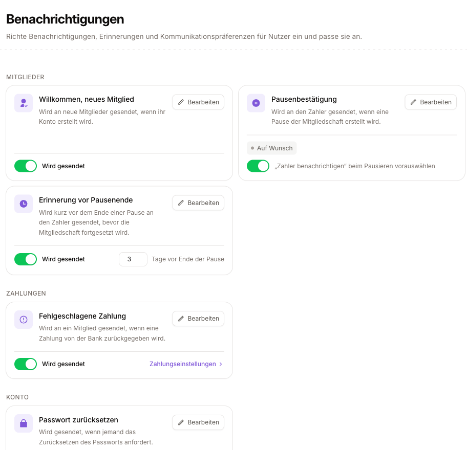 Cartões dos e-mails automáticos com interruptores, selo 'enviado sob demanda', campo numérico e link para as configurações de pagamento
