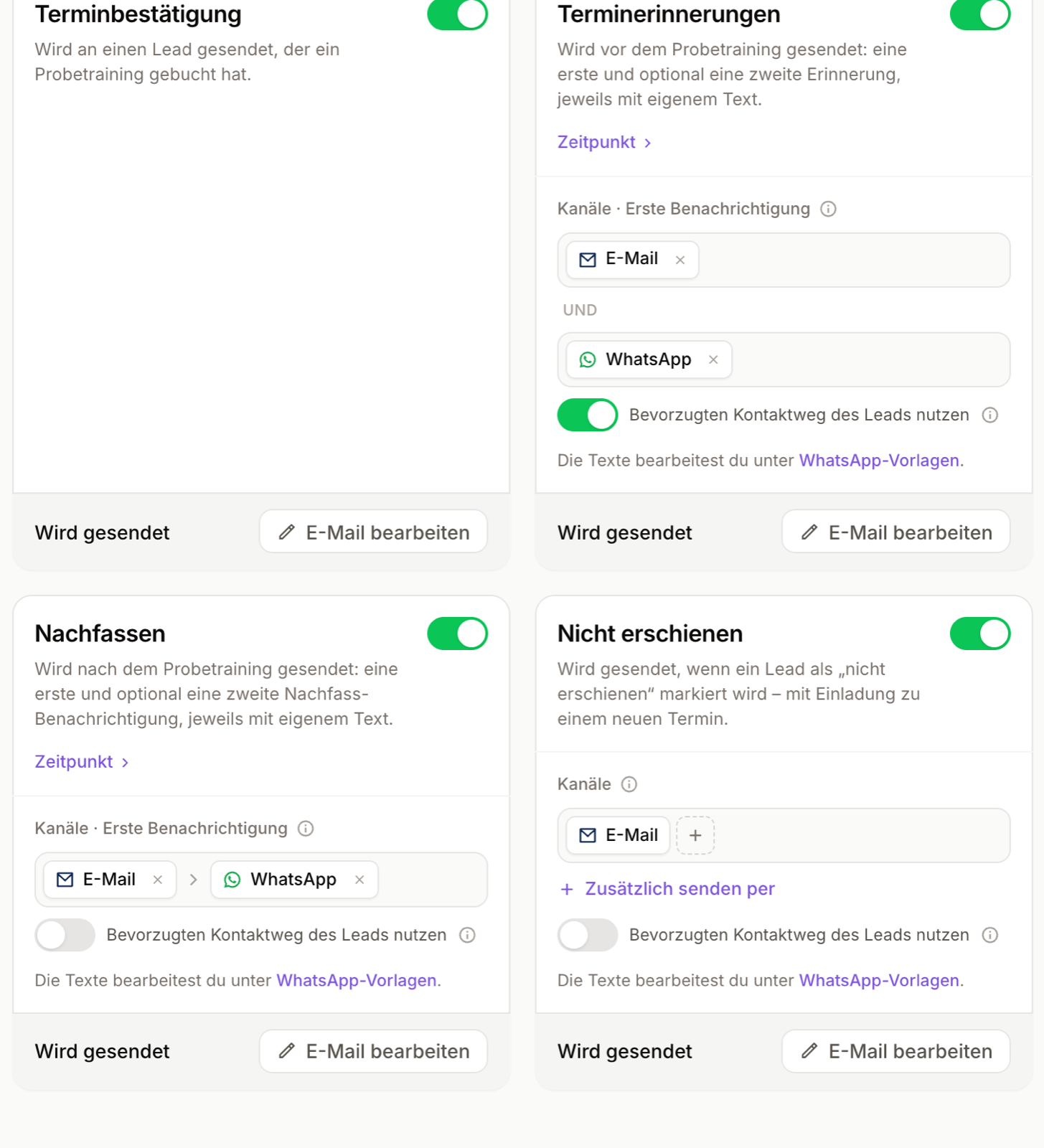 Os cartões de lembrete, acompanhamento e não compareceu com os canais e-mail e WhatsApp