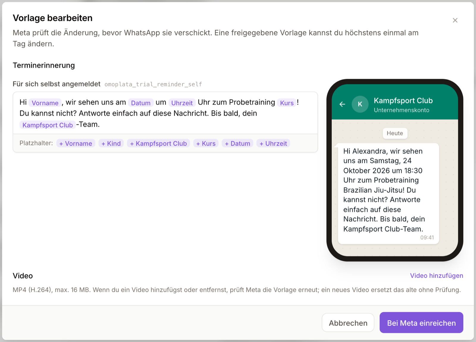 O diálogo Editar modelo com texto, variáveis, prévia no celular e o botão Enviar à Meta
